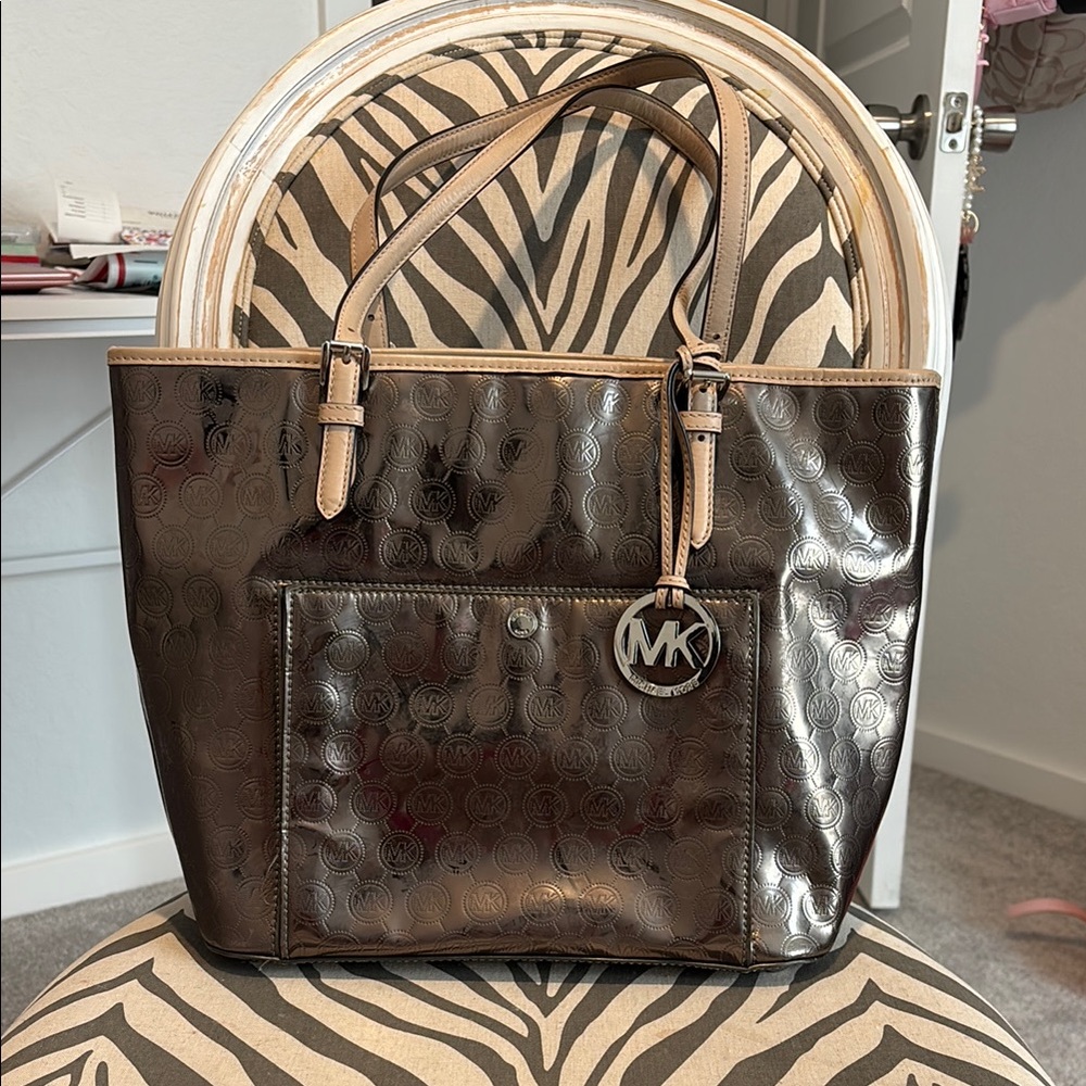 Michael Kors Brown Patent Leather Tote with Signature Charm
